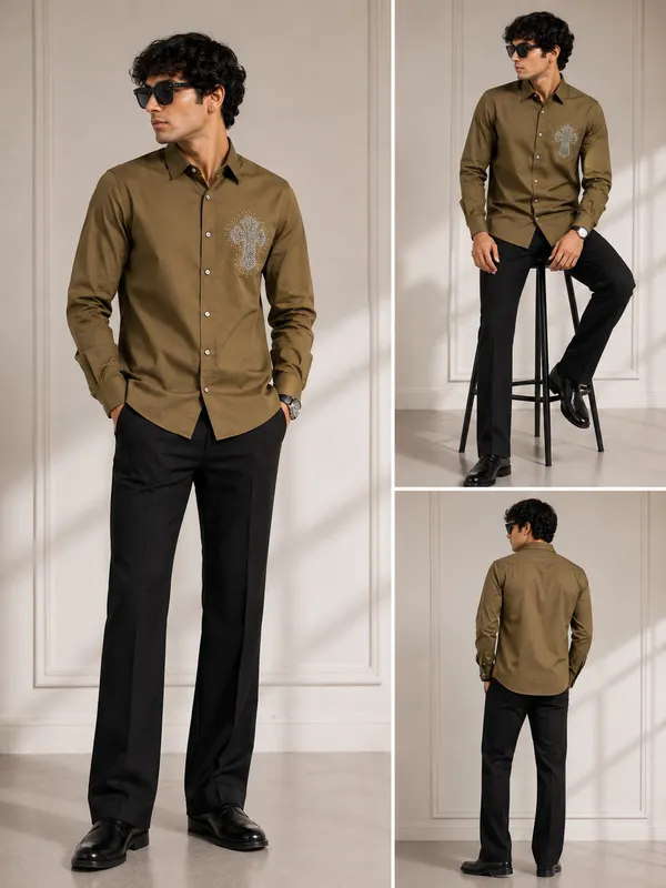 Olive_Green_Full_Sleeve_Rhinestone_Pocket_Detail_Formal_Shirt_For_Men
