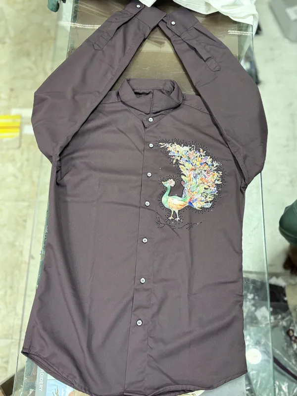 Dark_Charcoal_Grey_Embroidered_Peacock_Motif_Full_Sleeve_Shirt_For_Men