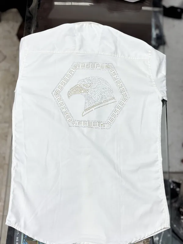 White_Rhinestone_Logo_Embellished_Relaxed_Fit_Shirt_For_Men
