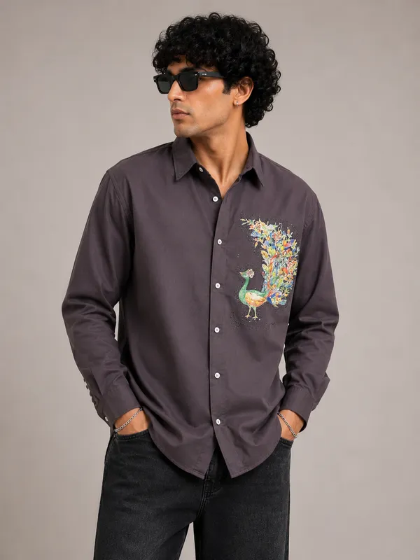 Dark_Charcoal_Grey_Embroidered_Peacock_Motif_Full_Sleeve_Shirt_For_Men