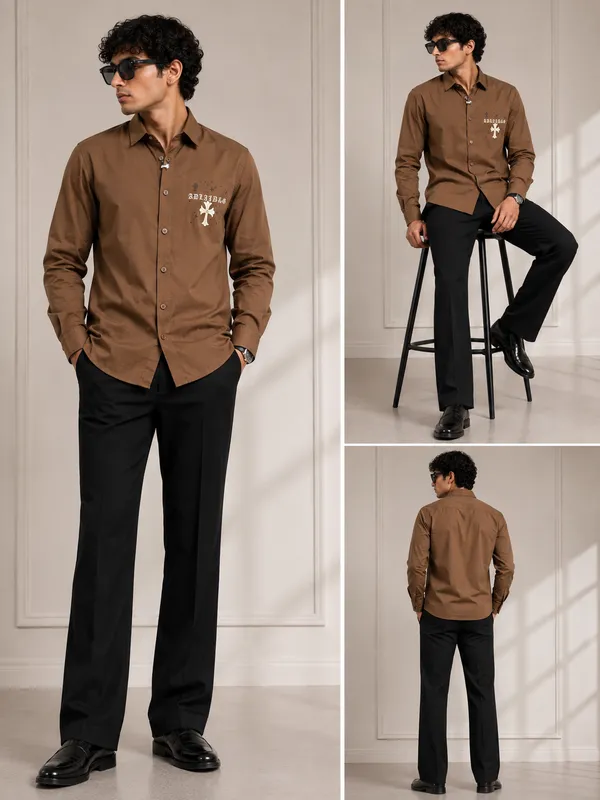 Brown_Cotton_Embroidered_Long_Sleeve_Shirt_For_Men
