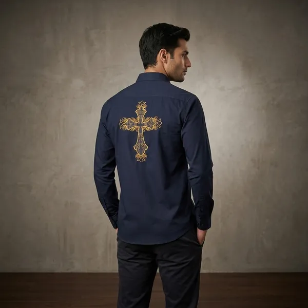 Navy_Blue_Embroidered_Cross_Regular_Fit_Shirt_For_Men