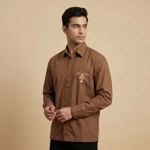Brown_Cotton_Embroidered_Long_Sleeve_Shirt_For_Men