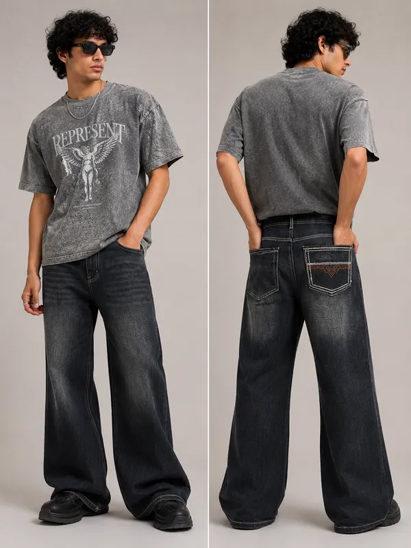 Black_Denim_Flared_Embroidered_Pocket_Jeans_For_Men