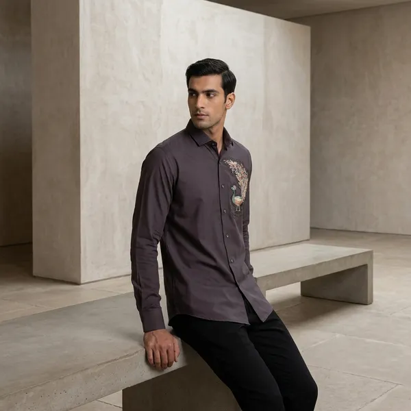 Dark_Charcoal_Grey_Embroidered_Peacock_Motif_Full_Sleeve_Shirt_For_Men