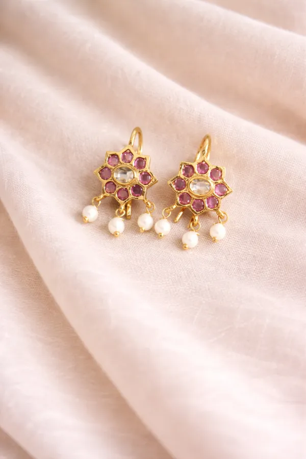 Pink_Golden_Alloy_Floral_Stone_Pearl_Drop_Earrings_For_Women