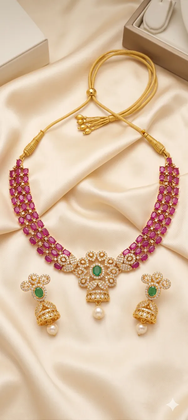 Pink_And_Green_Alloy_Stone_Embellished_Necklace_Set_For_Women