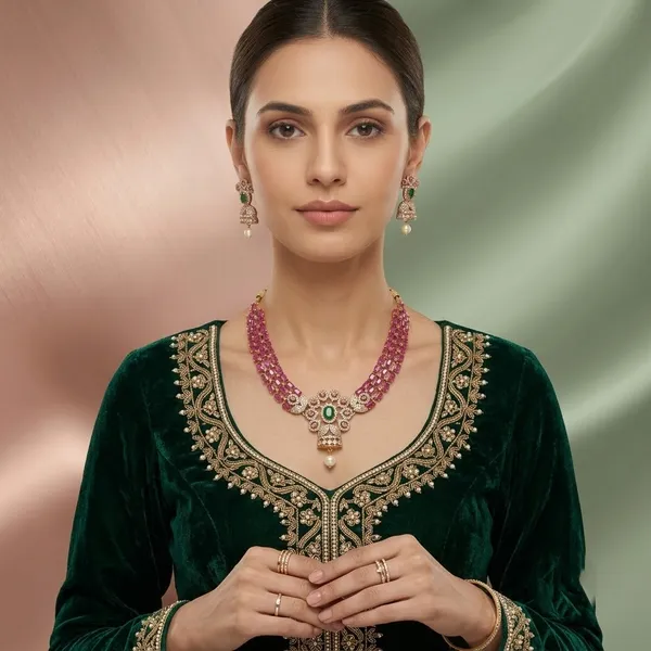 Pink_And_Green_Alloy_Stone_Embellished_Necklace_Set_For_Women