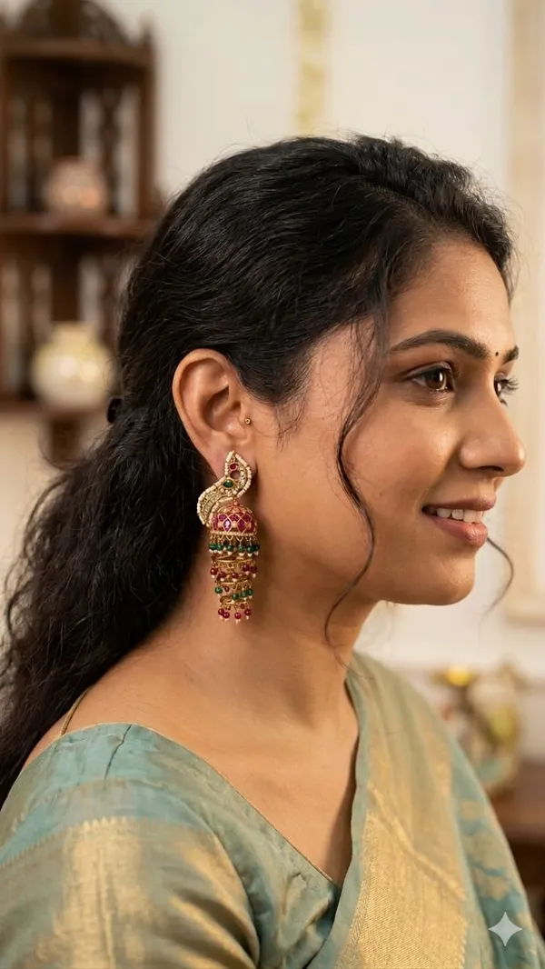 Green_And_Red_Alloy_Peacock_Jhumka_Earrings_For_Women