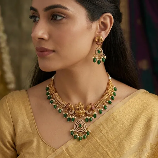 Green_And_Golden_Alloy_Goddess_Lakshmi_Kemp_Stone_Necklace_Set_For_Women