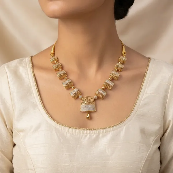 White_And_Golden_Alloy_Geometric_Square_Choker_Necklace_Set_For_Women