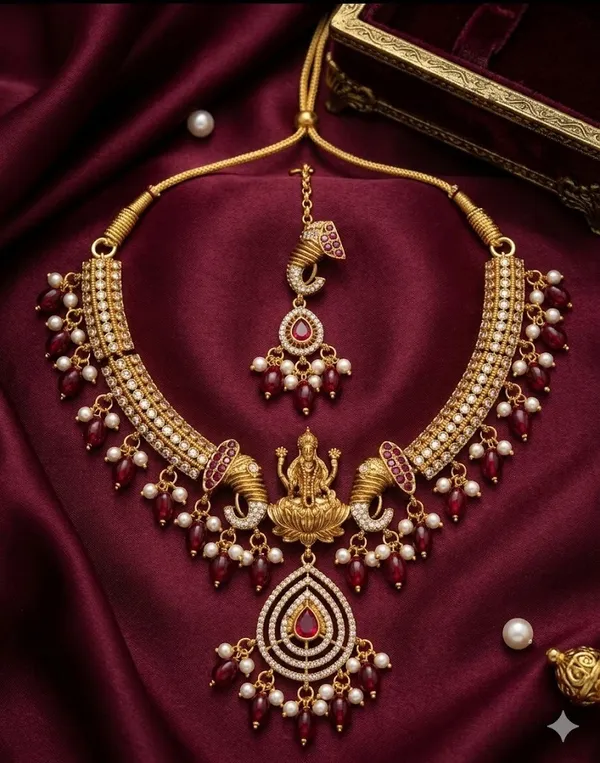 Red_Golden_Alloy_Lakshmi_Pendant_Pearl_Drop_Necklace_Set_For_Women