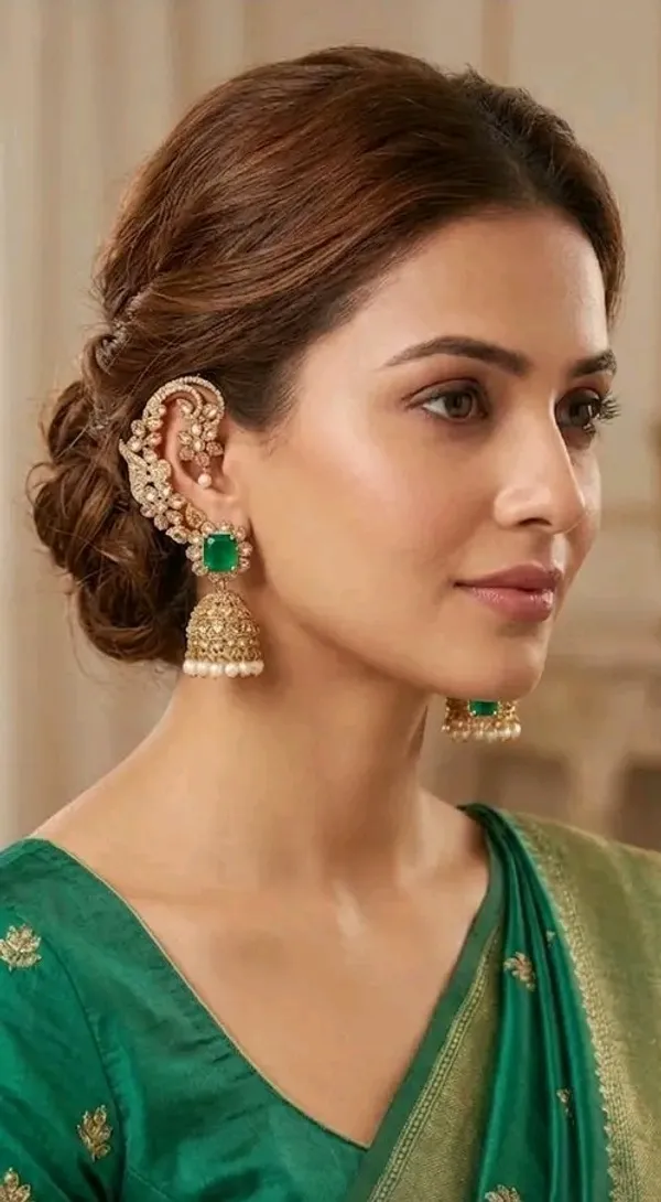 Kundan_Ear_Cuff_Jhumka_Earrings_with_Emerald_Green_Stone