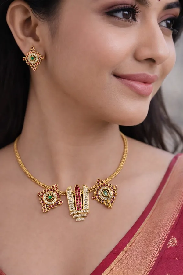 Red_And_Green_Alloy_Kundan_Temple_Necklace_Set_For_Women