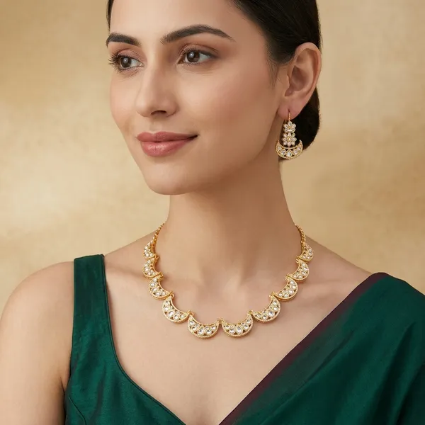 White_Golden_Alloy_Crescent_Kundan_Necklace_Set_For_Women