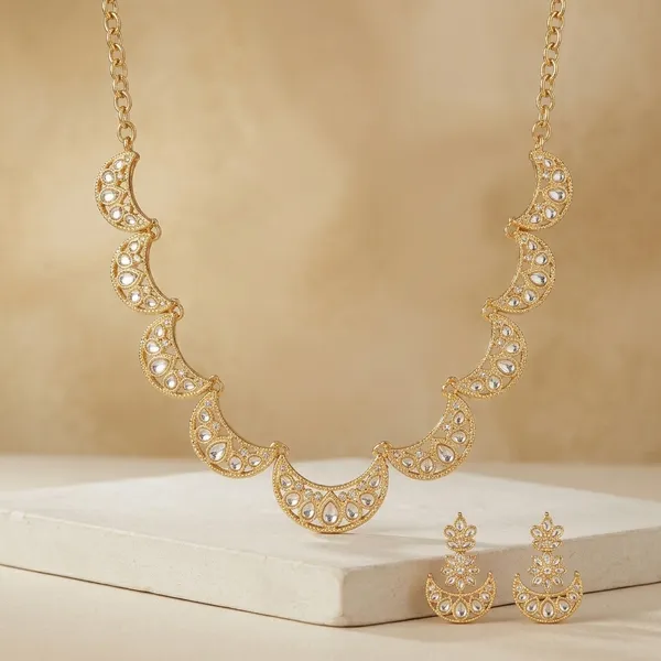 White_Golden_Alloy_Crescent_Kundan_Necklace_Set_For_Women