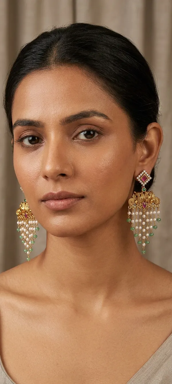 Green_And_Red_Alloy_Ruby_Stone_Chandbali_Earrings_With_Pearl_Tassels_For_Women