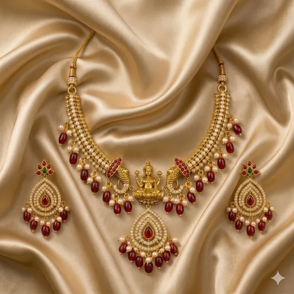 Golden_And_Red_Alloy_Goddess_Lakshmi_Kemp_Stone_Necklace_Set_For_Women
