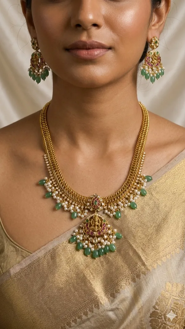 South_Indian_Temple_Necklace_Set_with_Green_Beads_&_Pearl_Drops