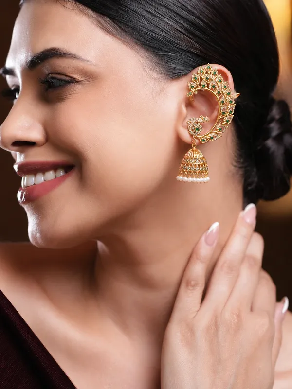 Green_And_Golden_Alloy_Kundan_Peacock_Oversized_Jhumka_Earrings_For_Women