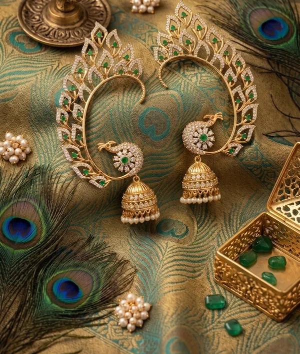 Green_And_Golden_Alloy_Kundan_Peacock_Oversized_Jhumka_Earrings_For_Women