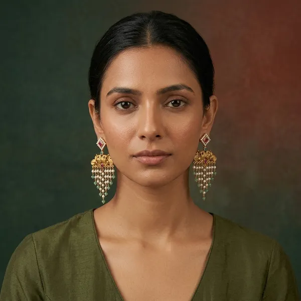 Green_And_Red_Alloy_Ruby_Stone_Chandbali_Earrings_With_Pearl_Tassels_For_Women