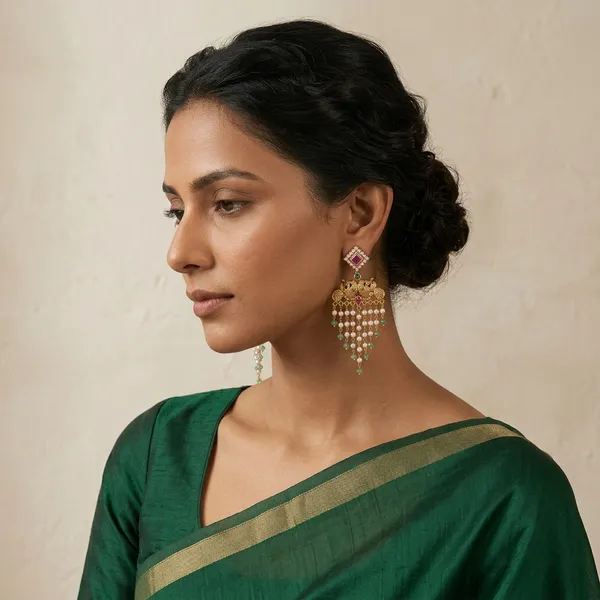 Green_And_Red_Alloy_Ruby_Stone_Chandbali_Earrings_With_Pearl_Tassels_For_Women