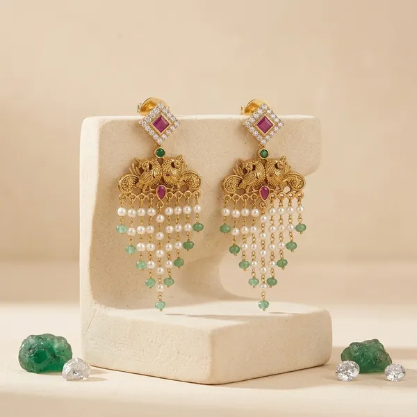 Green_And_Red_Alloy_Ruby_Stone_Chandbali_Earrings_With_Pearl_Tassels_For_Women