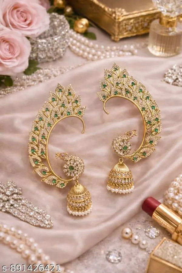 Green_And_Golden_Alloy_Kundan_Peacock_Oversized_Jhumka_Earrings_For_Women