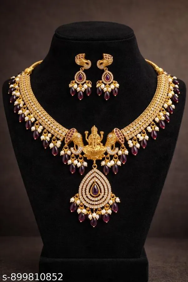 Purple_Golden_Alloy_Goddess_Lakshmi_Kemp_Stone_Necklace_Set_For_Women