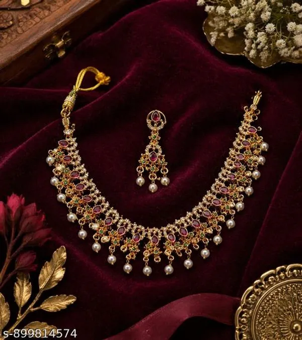 White_And_Golden_Alloy_Ruby_Stone_South_Indian_Necklace_Set_For_Women