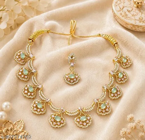 Golden_And_Blue_Alloy_Mint_Green_Stone_Necklace_Set_For_Women