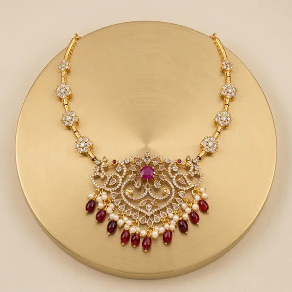 Purple_And_Red_Alloy_American_Diamond_Ruby_Drop_Necklace_Set_For_Women