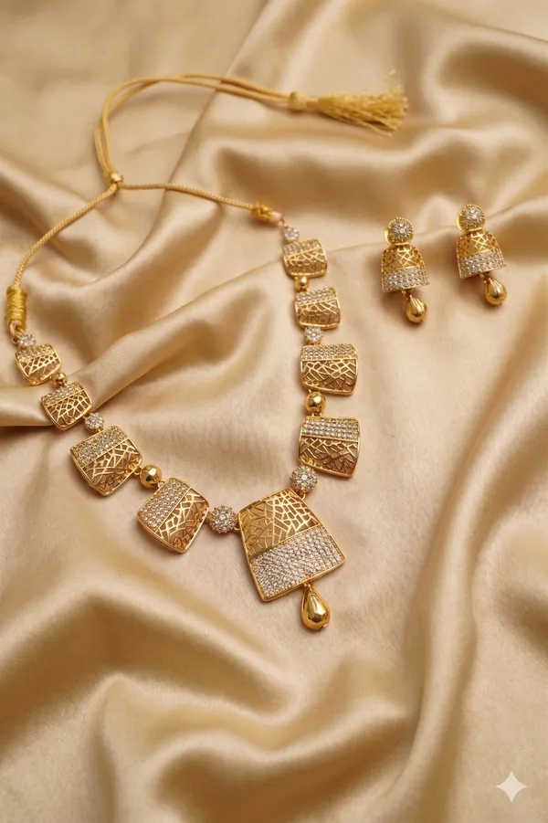 White_And_Golden_Alloy_Geometric_Square_Choker_Necklace_Set_For_Women