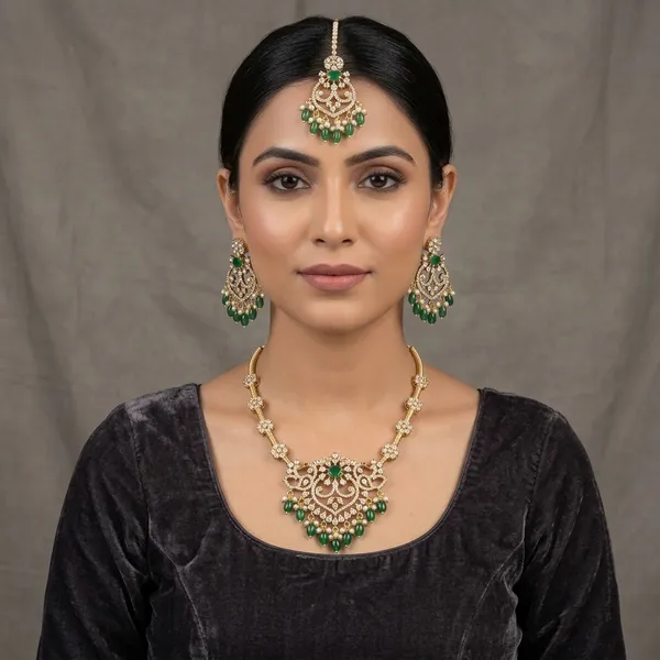 Green_And_Golden_Alloy_Kundan_Necklace_Set_With_Maang_Tikka_For_Women