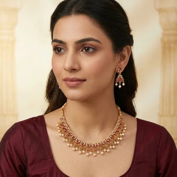 White_And_Golden_Alloy_Ruby_Stone_South_Indian_Necklace_Set_For_Women