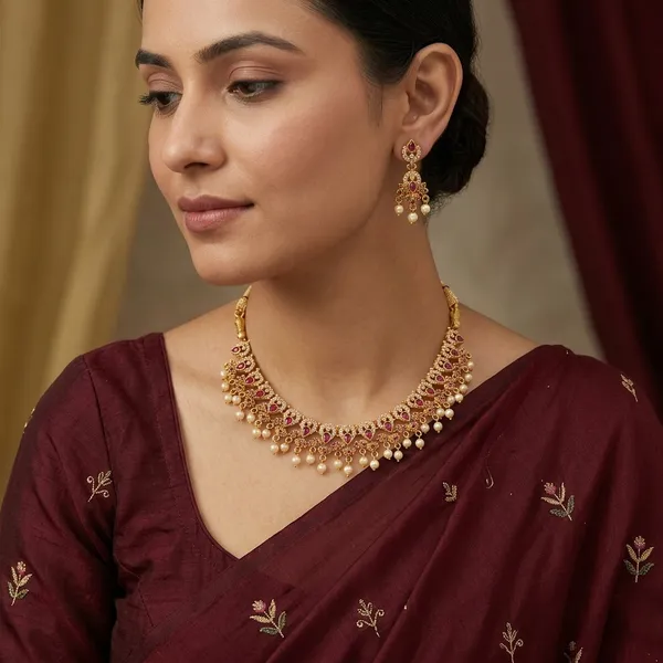White_And_Golden_Alloy_Ruby_Stone_South_Indian_Necklace_Set_For_Women
