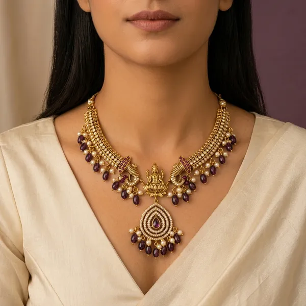 Purple_Golden_Alloy_Goddess_Lakshmi_Kemp_Stone_Necklace_Set_For_Women