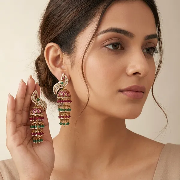 Green_And_Red_Alloy_Peacock_Jhumka_Earrings_For_Women