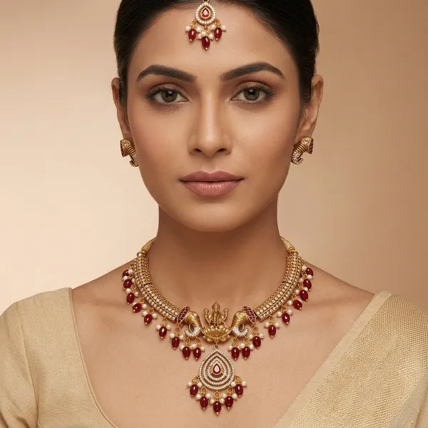Red_Golden_Alloy_Lakshmi_Pendant_Pearl_Drop_Necklace_Set_For_Women