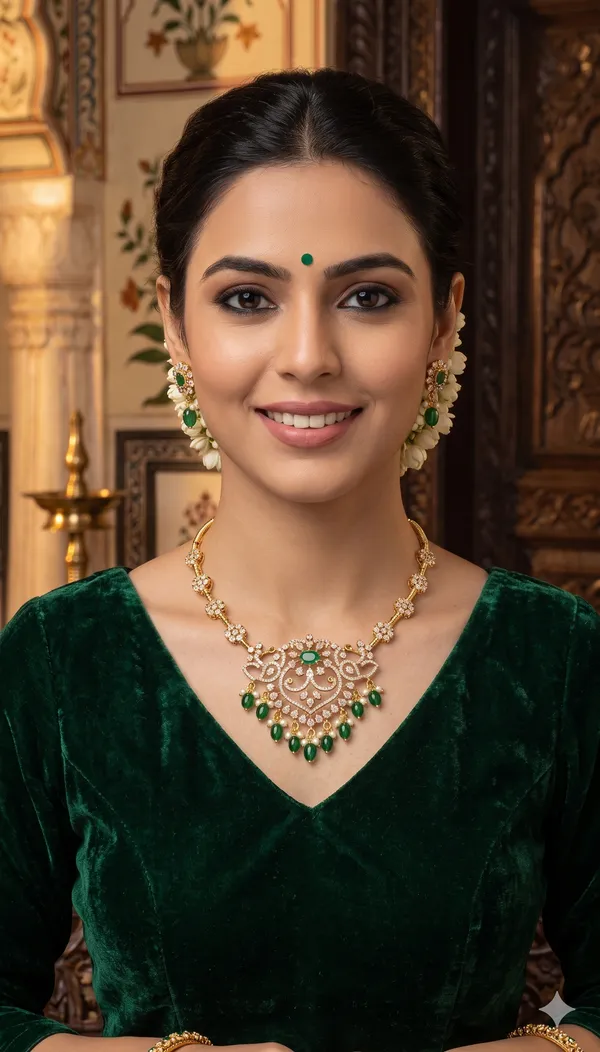 Green_And_Golden_Alloy_Kundan_Necklace_Set_With_Maang_Tikka_For_Women