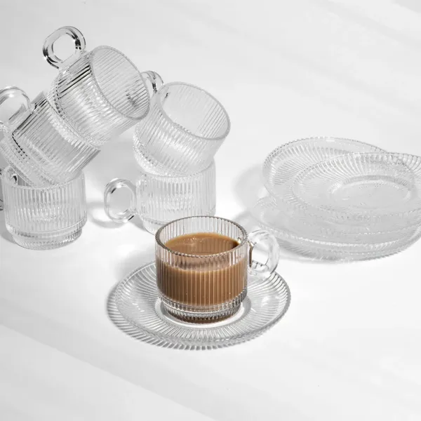 Set_of_6__100ML_Ribbed_Glass_Tea_Cup_&_Saucer_|_Transparent_Coffee_Serving
