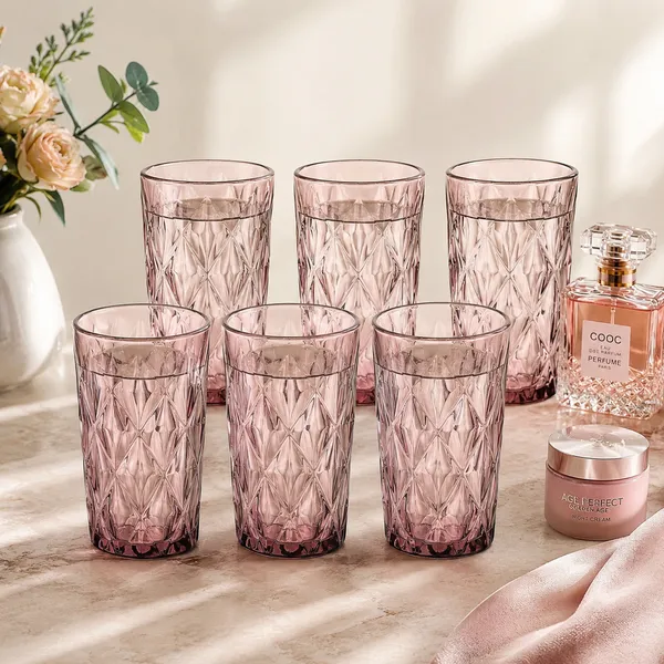 Set_of_6_400ML_Pink_Diamond_Pattern_Water_Glasses_|_Premium_Juice_&_Drinking_Tumblers