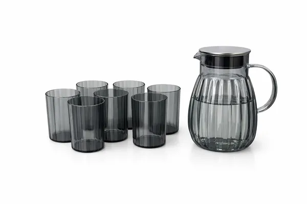 Set_of_7)_Black_Ribbed_Glass_Jug_and_Tumbler_Set,_Water_1_Pitcher_with_6_Glasses_(