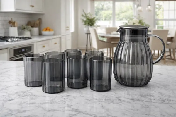 Set_of_7)_Black_Ribbed_Glass_Jug_and_Tumbler_Set,_Water_1_Pitcher_with_6_Glasses_(