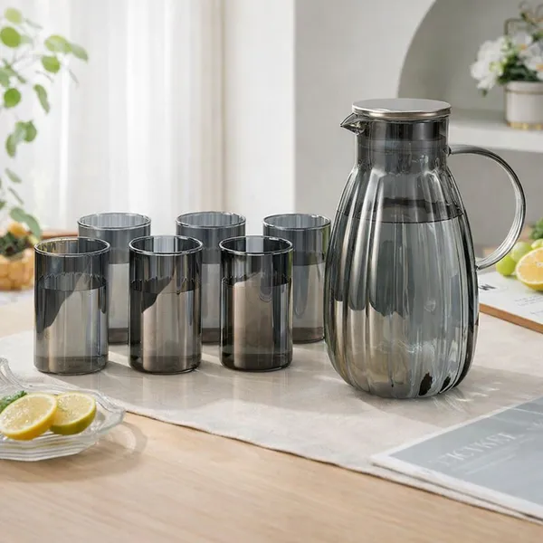 Set_of_7)_Black_Ribbed_Glass_Jug_and_Tumbler_Set,_Water_1_Pitcher_with_6_Glasses_(