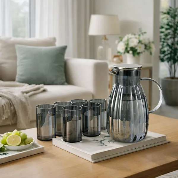 Set_of_7)_Black_Ribbed_Glass_Jug_and_Tumbler_Set,_Water_1_Pitcher_with_6_Glasses_(