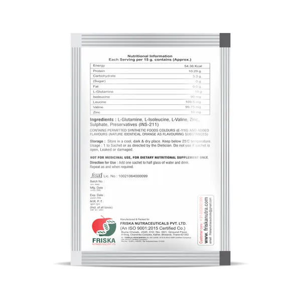 Friska_GLUTA_L-Glutamine,_BCAA's_&_Zinc_Oral_Powder_Sugar_Free_Sachets_Pack_of_10_-_10X1x15g_-_15gm_each