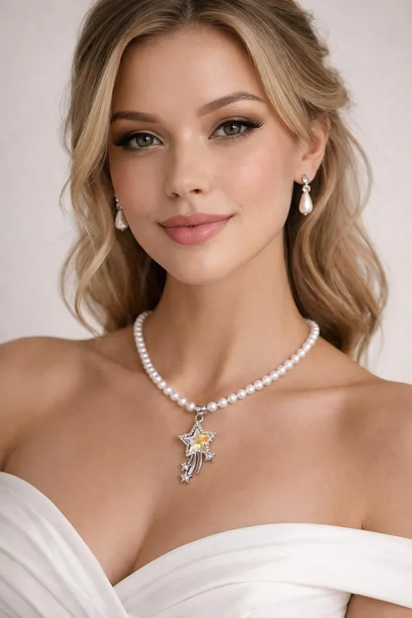 White_Pearl_Alloy_Teardrop_Crystal_Pendant_Necklace_Set_For_Women