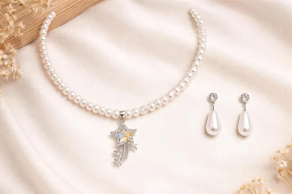 White_Pearl_Alloy_Teardrop_Crystal_Pendant_Necklace_Set_For_Women
